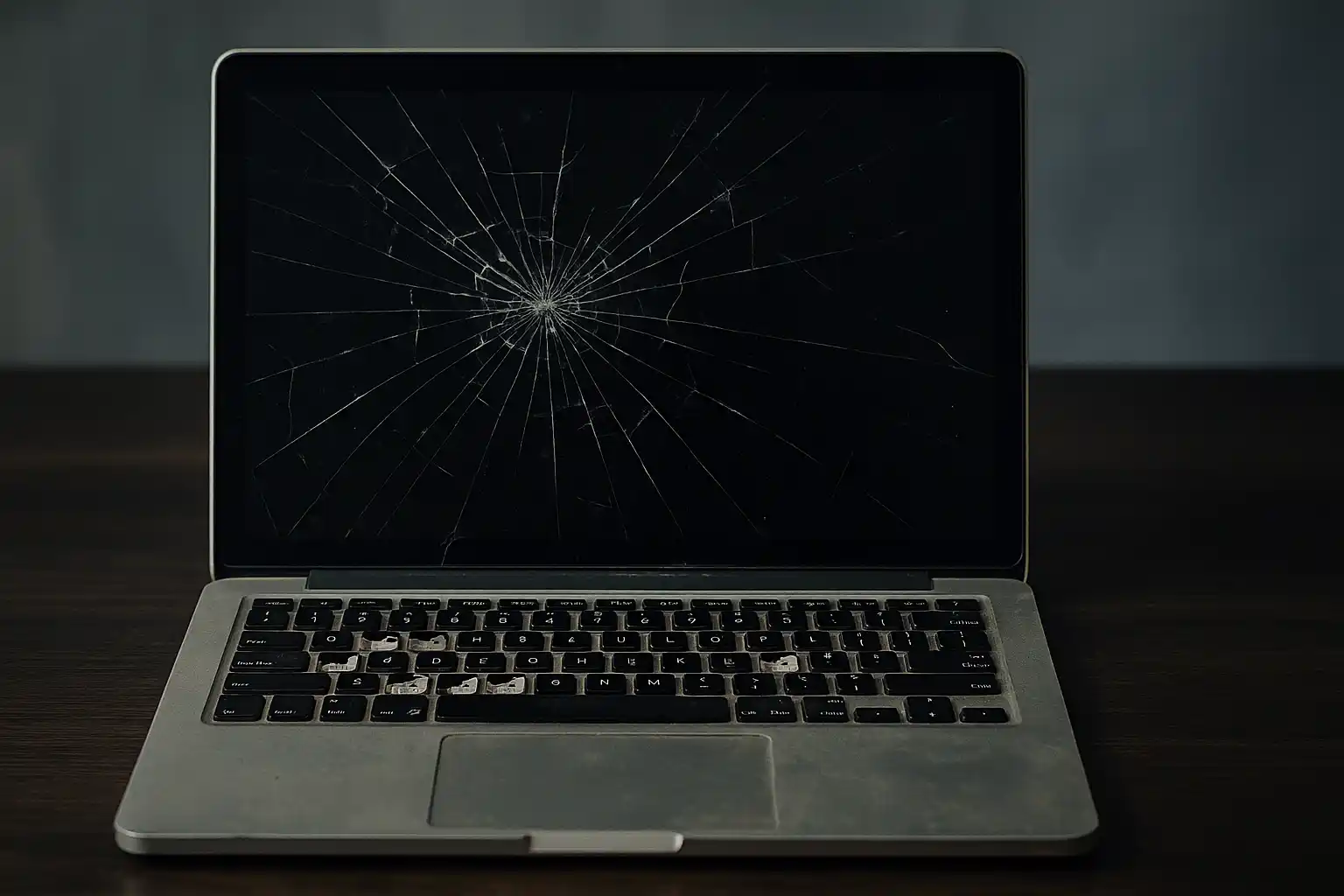 Laptop with a broken screen and missing keys