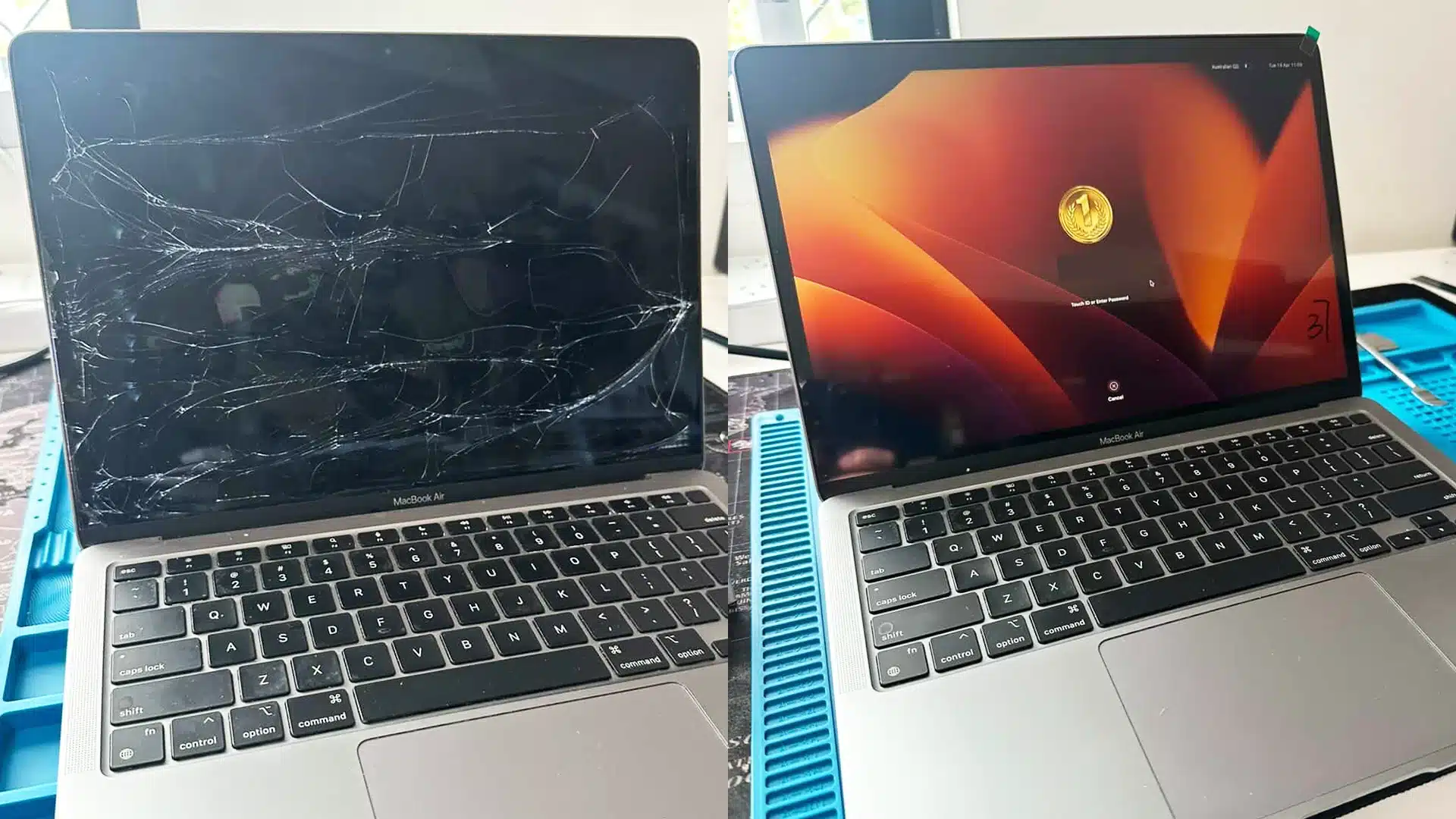 MacBook Air screen replacement before and after repair in Brisbane showing damaged and fixed display