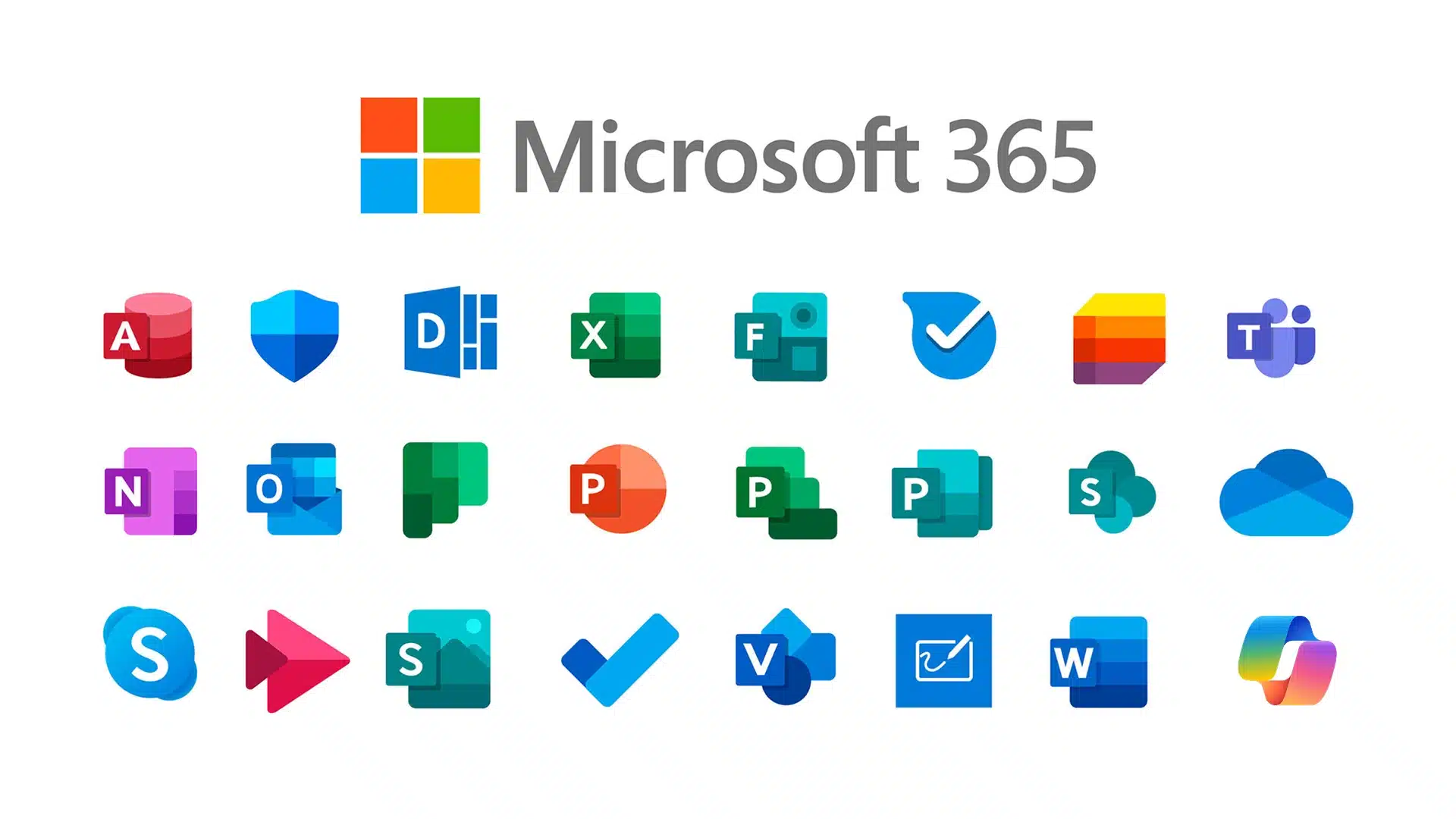 Microsoft 365 apps including Word, Excel, Outlook, Teams, OneDrive and SharePoint icons displayed in grid