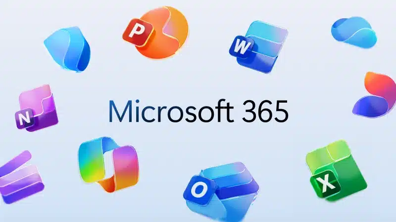 Microsoft 365 cloud apps including Word, Excel, PowerPoint, Outlook and OneDrive floating around logo